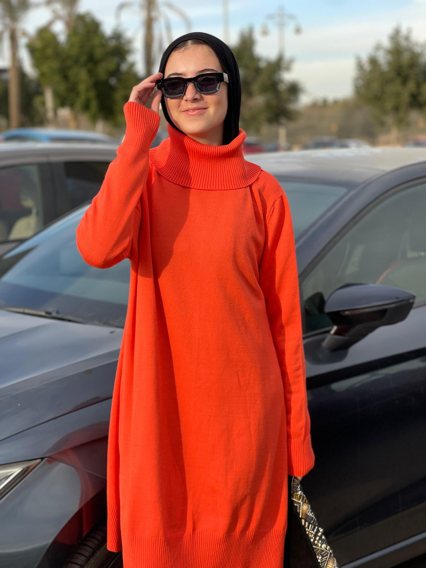 High-neck Longline Pullover in orang