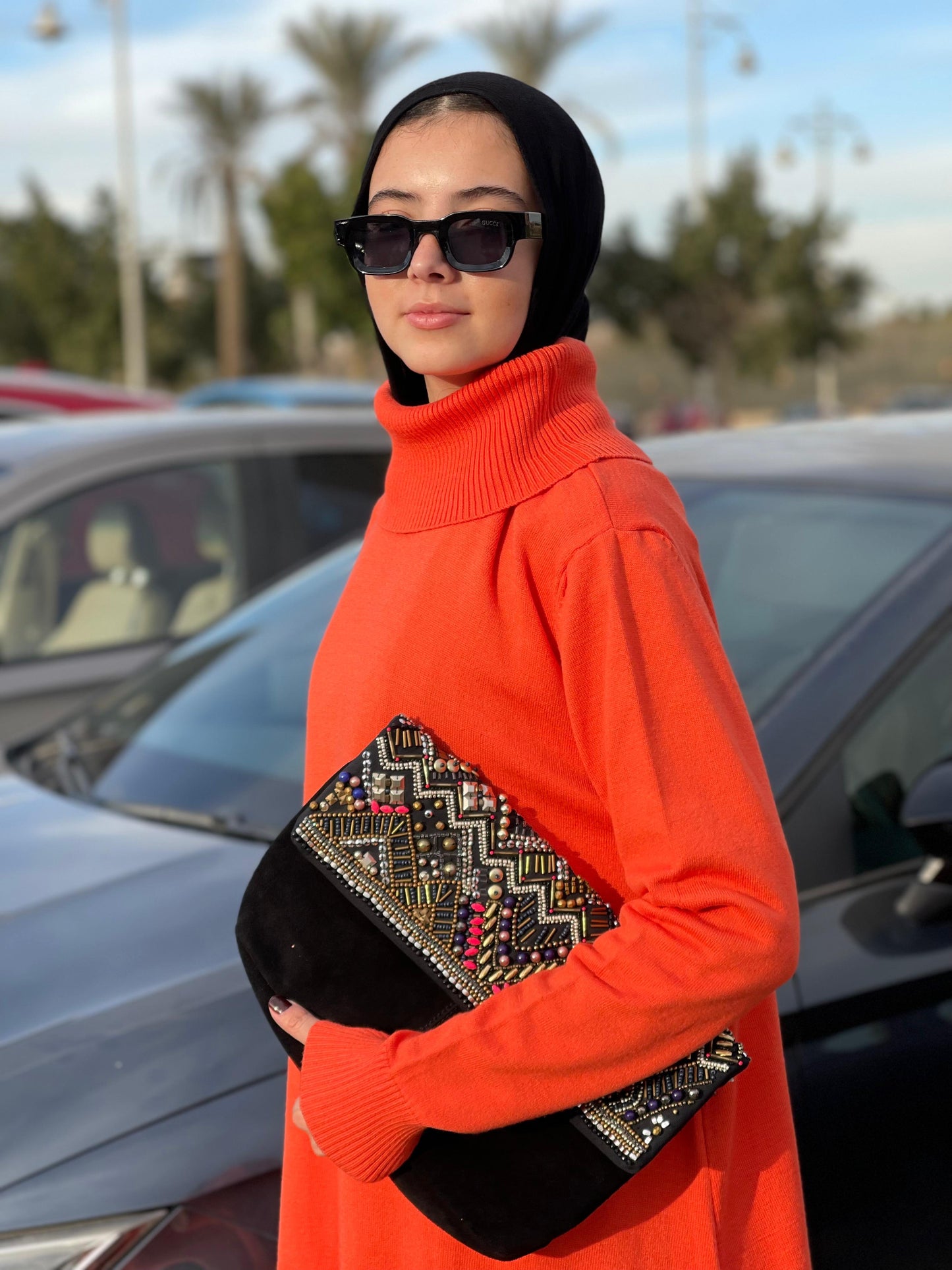 High-neck Longline Pullover in orang