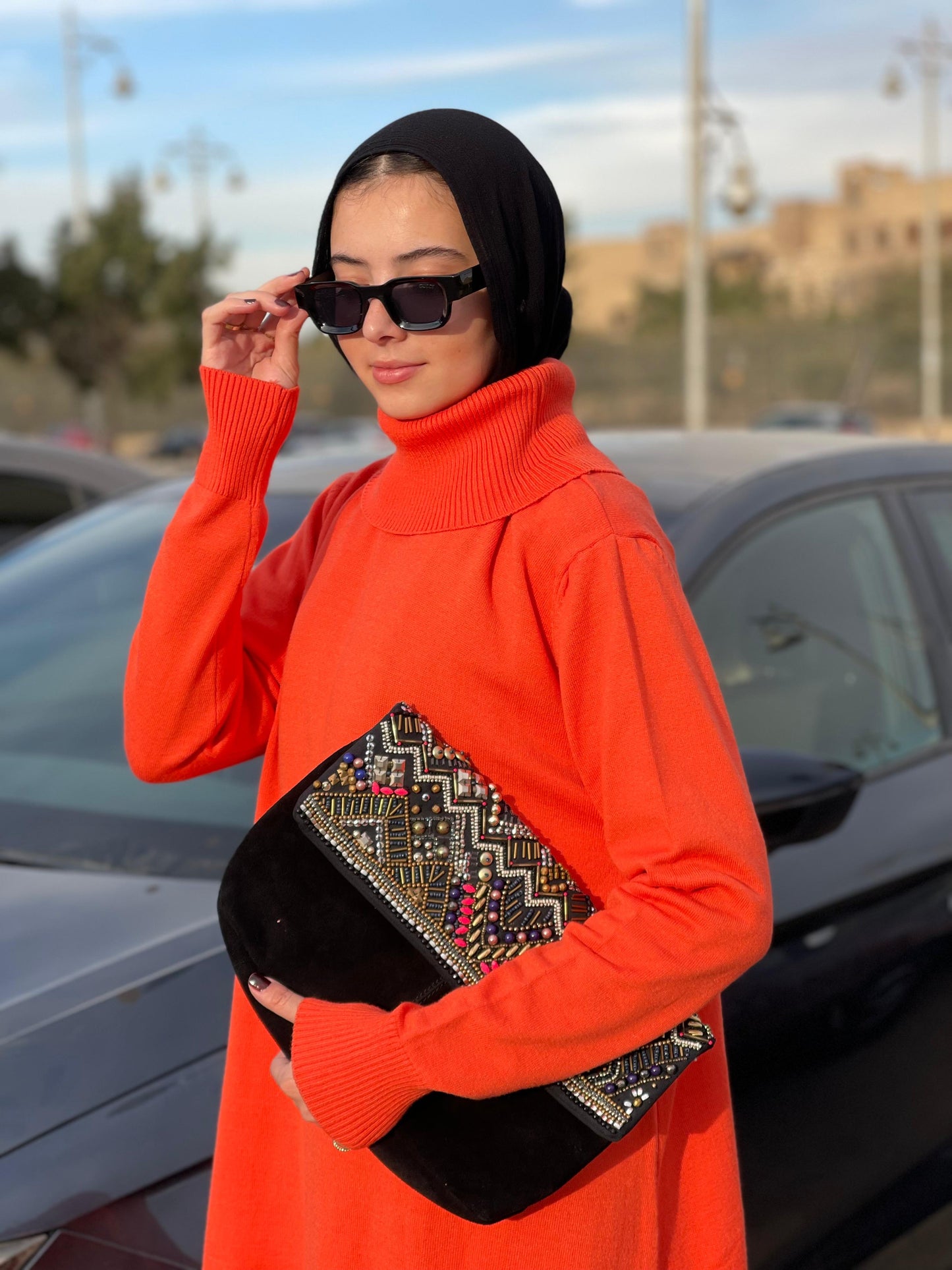 High-neck Longline Pullover in orang