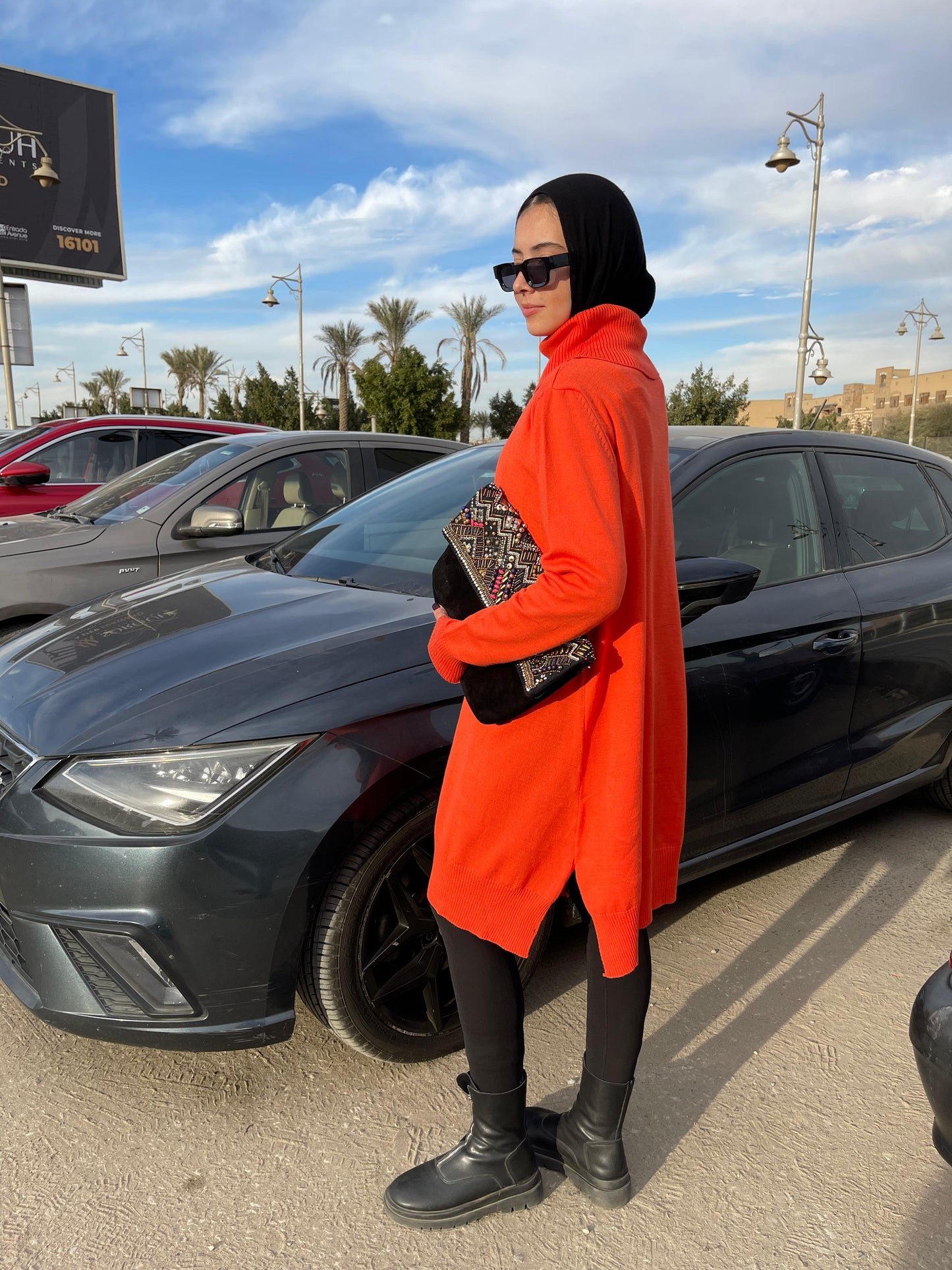 High-neck Longline Pullover in orang