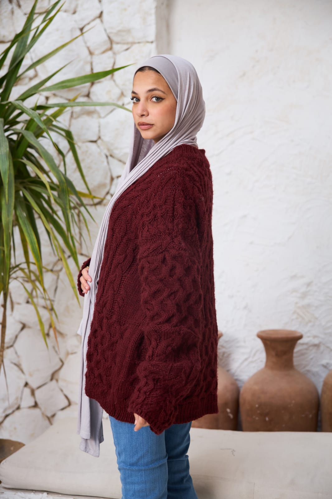 Cable-knit Pullover in Burgundy