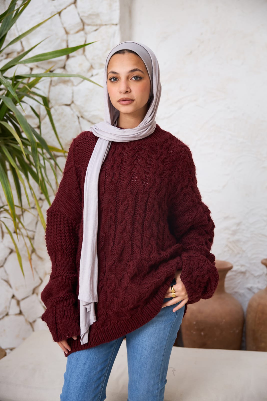 Cable-knit Pullover in Burgundy