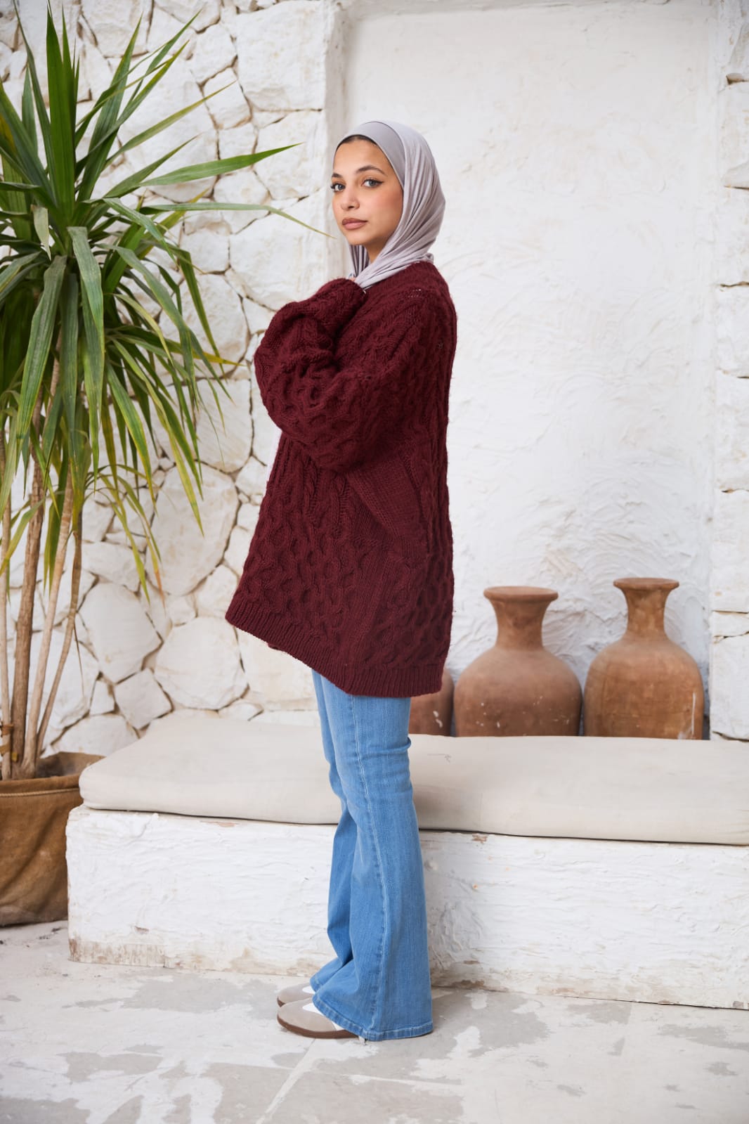 Cable-knit Pullover in Burgundy