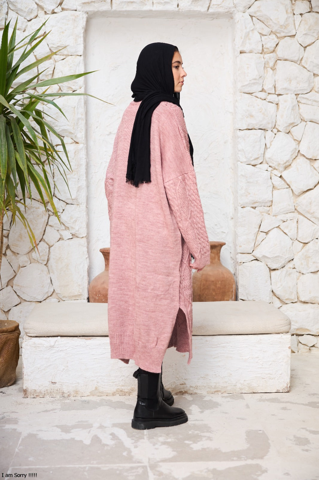 Midi Cable-Knit Dress in Powder Pink