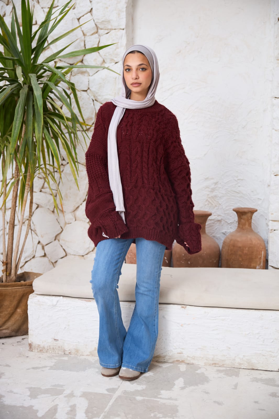Cable-knit Pullover in Burgundy