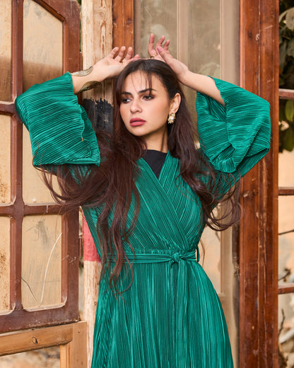 Pleated Satin Wrap Dress (Green)