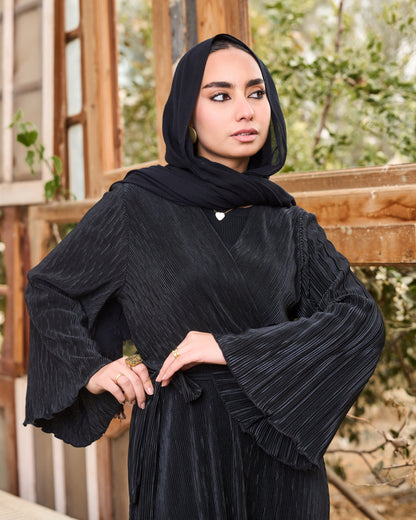 Pleated Satin Wrap Dress (Black)