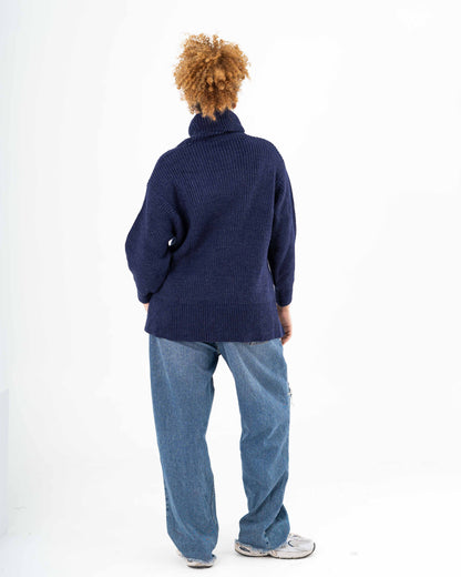 High-Low Turtle-neck Pullover In Dark Blue