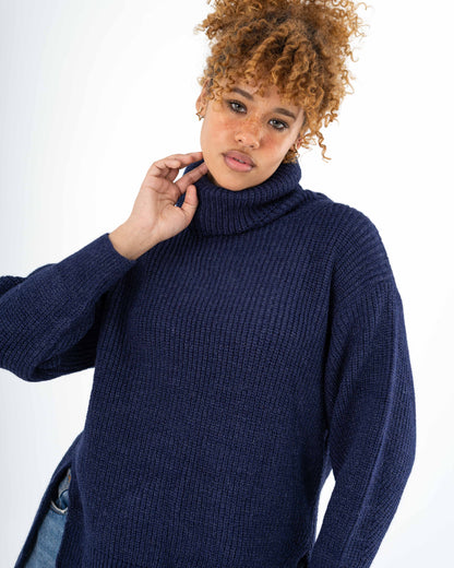 High-Low Turtle-neck Pullover In Dark Blue