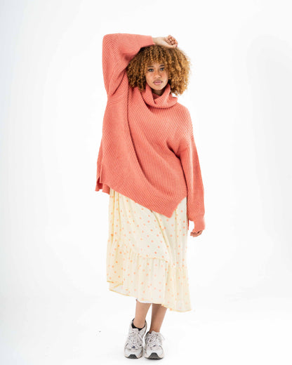High-Low Turtle-neck Pullover In Rose