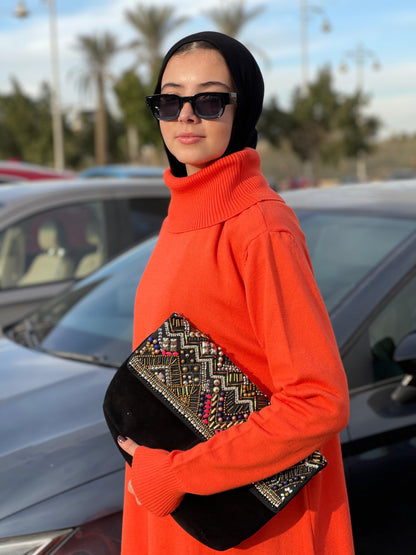 High-neck Longline Pullover in orang