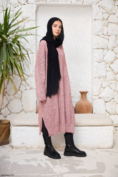 Midi Cable-Knit Dress in Powder Pink